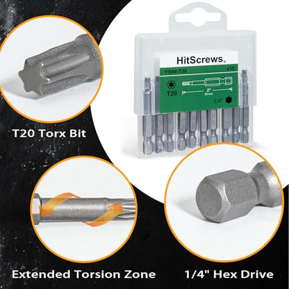 2 Inch T20 Torx Bits, S2 Steel Star Screwdriver Bits, 1/4" Hex Shank, CNC Precision Tips, 10-Pack in Slide-Out Storage Case, Impact Driver/Drill Compatible - size: T20