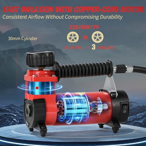 AVID POWER 12V DC Tire Inflator Portable Air Compressor, Compact Air Pump w/Copper Motor, Easy Operation 12V Tire Pump w/Carrying Case & 3 Adapters (Red)