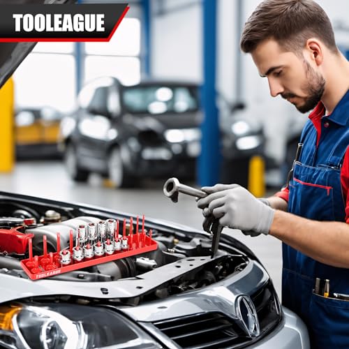 TOOLEAGUE 7Pcs Socket Organizer Tray and Magnetic Wrench Holder Set,Red SAE & Black Metric, 1/2", 1/4", 3/8" Socket Storage Trays for Tool Box Drawer - size: 7pcs