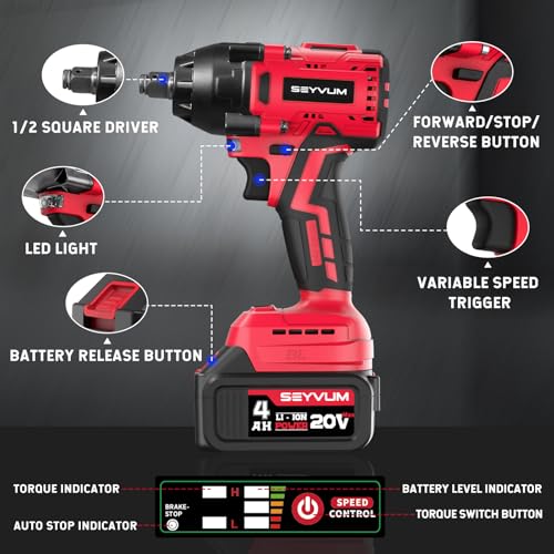 SEYVUM Impact Wrench,1/2" Impact Gun, Power Impact Driver Max Torque 320 Ft-lbs (430N.m), Cordless Impact Wrench with 20V Brushless Motor, 4.0Ah Li-ion Battery with Fast Charger, 4 Pcs Impact Sockets - style: 430 N.m