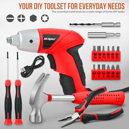 Hi-Spec 3.6V USB Small Power Screwdriver & Home DIY Tool Kit with Case, Red | 19pc, fast assembly help, common screw bit selection, LED visibility, compact grip, quick household fixes, organized storage - color: Light Red