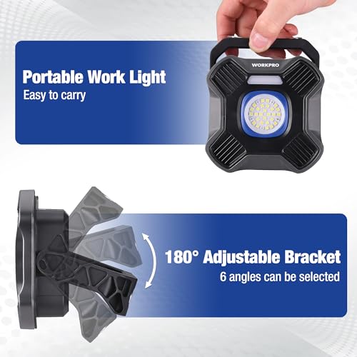 WORKPRO Magnetic Work Light, 4000mAh Rechargeable LED Work Lights, 2000LM | Portable Flood Light with Stand - for Camping, Fishing, Car Repair, Emergency, Job Site Lighting, Mechanic Light with 5 Modes