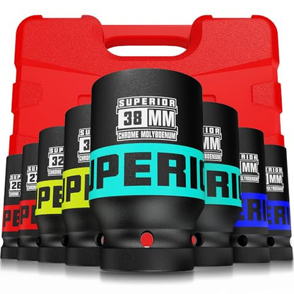 8 Piece 3/4" Drive Impact Socket Set, 26 mm - 38mm Jumbo Sockets, Metric, 6-Point, Heavy Duty CR-MO, Large Automotive Repairs, Machinery, Maintenance - size: 3/4" Axle Metric