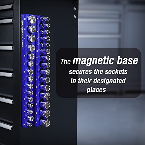 WORKPRO Magnetic Socket Organizer, 3/8-Inch Metric Socket Holder | Hold 30-Piece Sockets, Suitable for Standard and Deep Socket, Magnetic Base, No Scratches Installation, Sockets not Included - size: 3/8" DR - Metric