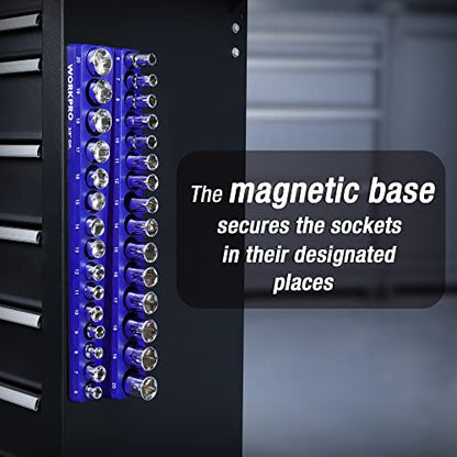 WORKPRO Magnetic Socket Organizer, 3/8-Inch Metric Socket Holder | Hold 30-Piece Sockets, Suitable for Standard and Deep Socket, Magnetic Base, No Scratches Installation, Sockets not Included - size: 3/8" DR - Metric