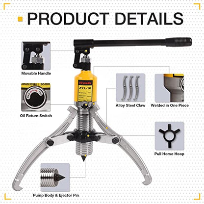 Hydraulic Gear Puller, 10 Ton Hydraulic Puller Kit Bearing Puller with Case 2 or 3 Jaws Bearing Hub Separator Hydraulic Puller Separator Tool for Pulling Hubs, Bearings, Gears, ZYL-10 - size: 10 Ton