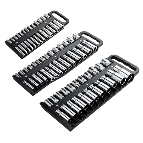 Reniteco Magnetic Socket Organizer Set, 3 Pcs Blue Portable Heavy Duty Socket Rail Set: 1/4-Inch x 22 Pallets, 3/8-Inch x 28 Pallets, 1/2-Inch x 26 Pallets, Hold 76 Sockets - Fit Shallow&Deep Sockets - color: Black