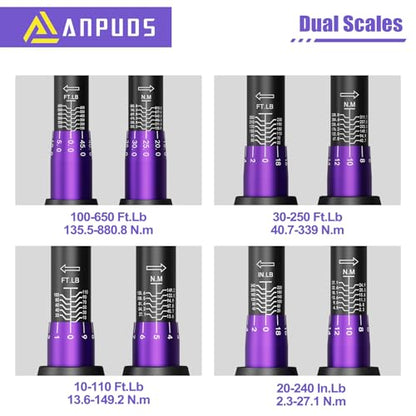 ANPUDS 4PCS Torque Wrench, 1/4 3/8 1/2 3/4-Inch Drive, ±3% Precision | 20-240in.lb,10-110 & 30-250 & 100-650 Ft.lb, Click Torque Wrench Set with Dual Range Scales for Bike, Motorcycle, Car, Truck - size: 20-240inlb+10-110Ft.lb+30-250Ft.lb+100-650Ft.lb