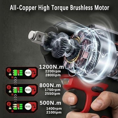 1/2" Cordless Impact Wrench, 1200N·m Brushless, Bare Tool | 900Ft-lbs, 4-Speed Dual LED, Works with Milwaukee 18V Battery, All-Metal Gearbox - style: 1/2 for Milwaukee Battery