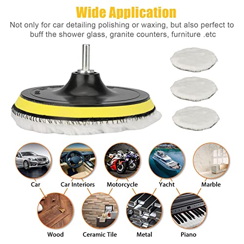 Buffer Polisher Pad Made of Wool - Wheel Mop Kit for car Detailing Drill Adaptor | Pack of 5 pcs - car buffers and Polishers kit is Practically Durable & Reusable - Drill Adapter.