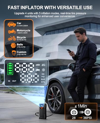 4000A Car Battery Jump Starter with Air Compressor, 150PSI Portable Battery Charger Jumper Starter for Car (9L Gas/8L Diesel) 12V Jump Box with Auto-Shutoff Tire Inflator, Power Bank and Jumper Cables