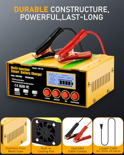 12-Amp Smart Battery Charger,Lithium,Lead-Acid(AGM/Gel/SLA) Pulse Repair Car Battery Charger,Trickle Charger,Maintainer/Deep Cycle Charger,12V/10A | 24V/7.5A for Automotive,Boat,Motorcycle,Lawn Mower