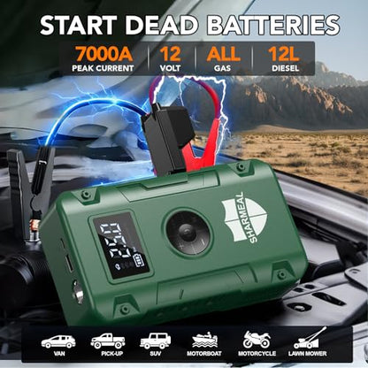 Sharmeal Jump Starter 7000A, 12V Car Battery Jump Starter with Air Compressor (Up to All Gas or 12.0L Diesel Engine), Battery Booster with 3 Modes Flashlight and Jumper Cable - color: Green-7000A+ Air Compressor