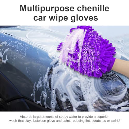 Ziciner Premium Microfiber Wash Mitt, Soft Scratch-Free Double-Sided Chenille Washing Gloves Perfect for Car Washing and Detailing (Purple, Large) - color: Purple
