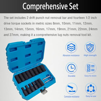 16PCS Twist Lug Nut Socket Set, 1/2" Drive Bolt Nut Extractor Tool | Metric, 8mm - 27mm Sockets, Center Punch Bar, Damaged Nut Lock Remover, Rusted, Stripped, Screws, Stuck Locking Nut Removal - color: 16pcs Lug Nut Extractor 1/2 Inch Drive