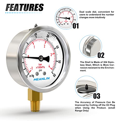 MEANLIN MEASURE -30inHG~60Psi Stainless Steel 1/8" NPT 2.5" FACE DIAL Vacuum Pressure Gauge, Lower Mount, with 1/4" NPT and 3/8" NPT Hex Bushing - size: -30inHG-60Psi