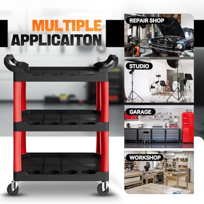 Auto Dynasty 3-Tier Rolling Cart Trolley Storage Detailing Cart with Cup Holders 120kg Capacity on Wheels Fits Home, Garage, Warehouse, Hotel and Workshop Use, Black - style: with Cup Holders