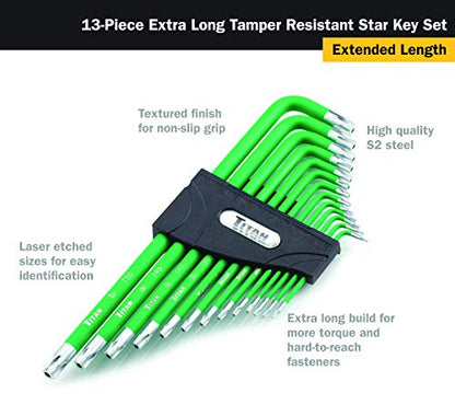 Titan Tools 12715 Extra-Long Arm Tamper Resistant Star Key Set - 13 Piece , Green, 1 - size: XL TR Star, style: XL TR Star