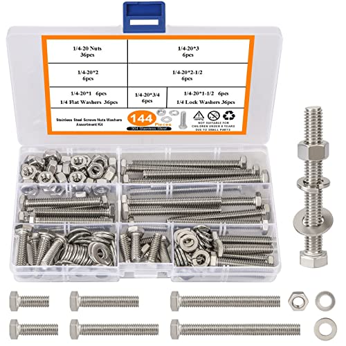 144PCS 1/4-20 Hex Bolts and Nuts Kit, Stainless Steel 1/4" Nuts and Bolts Assortment Kit, Flat & Lock Washers Set Screw Assortment Kit, Machine Screws Set - size: 144PCS 1/4-20 Hex Bolts Silver