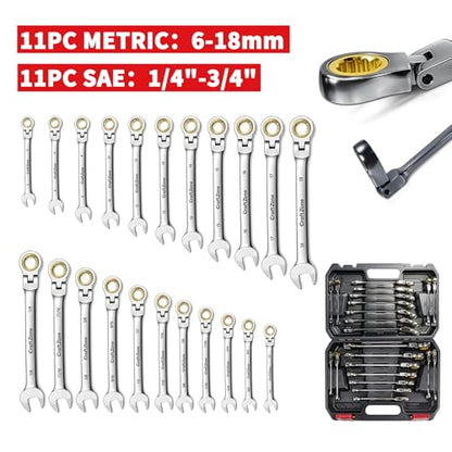 Professional Ratcheting Wrench Set,22-Piece SAE&Metric Combination Ratchet Wrenches 72-Tooth Reversible Mechanism,Premium Chrome Vanadium Steel Flex Head Wrench Set for Mechanics and Automotive Repair
