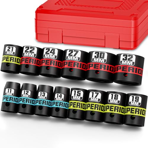 14 Piece 1/2" Drive Impact Socket Set, 11 mm-32 mm Shallow Socket, Metric, 6 Point, CR-V, Automotive Maintenance, Machinery Manufacturing - size: 1/2" Shallow Metric