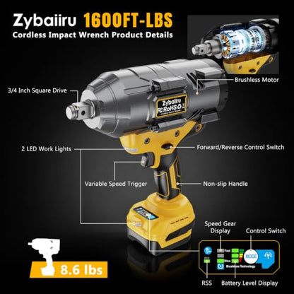 1600Ft-lbs 3/4" Cordless Brushless High Torque Impact Wrench | Compatible with DEWALT 20V Battery, Heavy Duty, 3-Speed & 2 LED Lights & RSS, For Car & Truck & RV & Rusted Bolts, Bare Tool