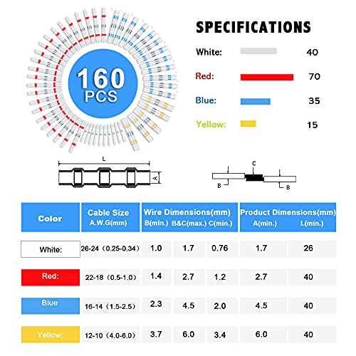 Kuject Heat Shrink Solder Seal Wire Connectors Kit 160PCS | 26-10 AWG Waterproof Electrical Connectors for Marine, Automotive, Truck Repair, Solderless Wiring Splice Connectors