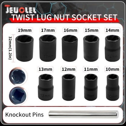 10PCS Twist Lug Nut Socket Set, 3/8" Drive Bolt Nut Extractor Tool | Metric, 10mm - 19mm Sockets, Center Punch Bar, Damaged Nut Lock Remover, Rusted, Stripped, Screws, Stuck Locking Nut Removal - color: 10 Pcs Lug Nut Extractor 3/8 Inch Drive