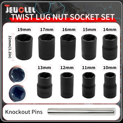 10PCS Twist Lug Nut Socket Set, 3/8" Drive Bolt Nut Extractor Tool | Metric, 10mm - 19mm Sockets, Center Punch Bar, Damaged Nut Lock Remover, Rusted, Stripped, Screws, Stuck Locking Nut Removal - color: 10 Pcs Lug Nut Extractor 3/8 Inch Drive