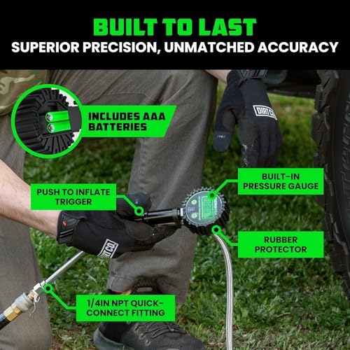 Rhino USA Digital Tire Pressure Gauge with Inflator (0-200 PSI) - 2in Dial | Heavy Duty Air Chuck & Compressor Accessories. Stainless Braided Hose, Large 2in Dial, Solid Brass Hardware. - style: 200psi Digital
