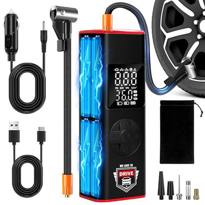 Tire Inflator Portable Air Compressor with LED Light – 12V DC Cordless Air Pump & Auto Shut-Off Function, 150 PSI Electric Air Pump for Car Tires with Digital Tire Pressure Gauge and Car Accessories