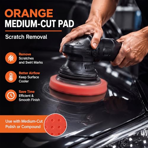8 Pack 5 Inch Dual Action Polishing Pads Kit Buffing Pads 4 Orange 4 White Dimpled Surface Low Heat DA for Car Detailing Compounding Polishing Paint Correction Finishing