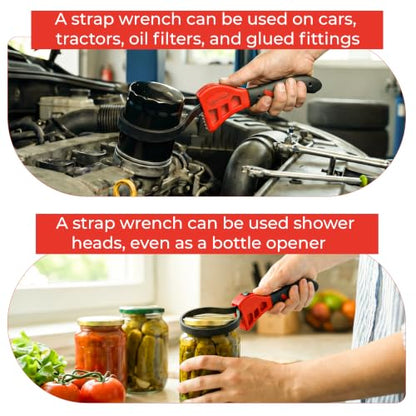 2-Pack Adjustable Rubber Strap Wrench Set – 6" & 8" Multi-Purpose Belt Wrench for Plumbing, Oil Filter Removal, Jar Opening – Non-Slip Strong Grip, Ideal for Weak Hands & Tight Spaces