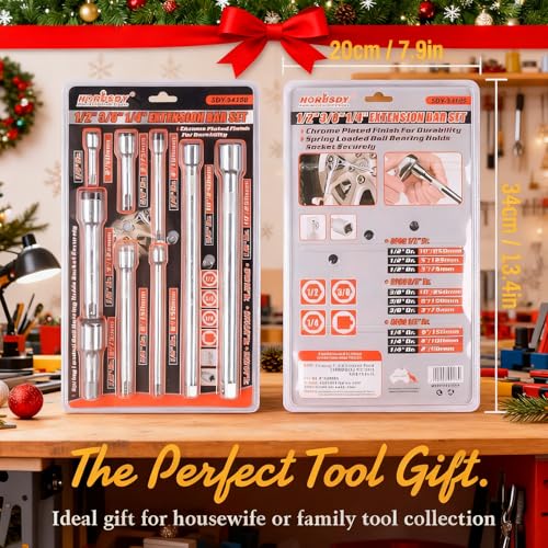 HORUSDY 9-Piece Socket Extension Bar Set, Ratchet Extension Bar Set,1/4", 3/8", and 1/2" Impact Drive Socket, Drive Tool Accessory, CR-V Steel Storage Tray - style: 9-PCS Chrome Extension