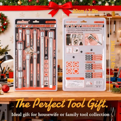 HORUSDY 9-Piece Socket Extension Bar Set, Ratchet Extension Bar Set,1/4", 3/8", and 1/2" Impact Drive Socket, Drive Tool Accessory, CR-V Steel Storage Tray - style: 9-PCS Chrome Extension
