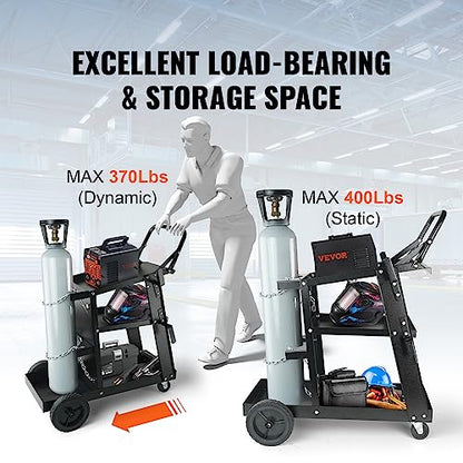 VEVOR Welding Cart, 3-Tier Welder Cart Heavy Duty with 400 Lbs Weight Capacity, 360° Swivel Wheels, Tank Storage Safety Chains, Rolling MIG Welder Cart for TIG, ARC, MMA, Plasma Cutter Welding Machine