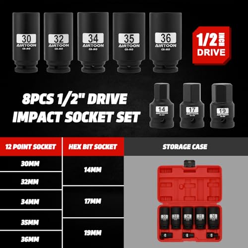 1/2" Drive 12-Point Axle Nut Spindle Impact Socket Set, 8-Piece Deep Impact Socket Set, Cr-Mo, 14mm 17mm 19mm, 30mm 32mm 34mm 35mm 36mm Metric Socket, With Storage Case - size: 30MM-36MM