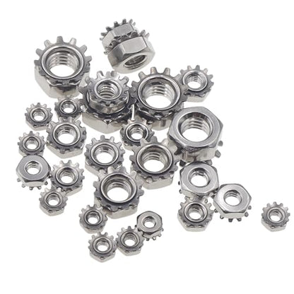 170PCS #4-40 to 5/16"-18 SAE Stainless Steel Keps K-Lock Hex Nut Kit | 304 Stainless Hex Nuts with 420 Steel Lock/Tooth Washers, UNC & UNF Anti-Vibration Fastener Set w/ Box