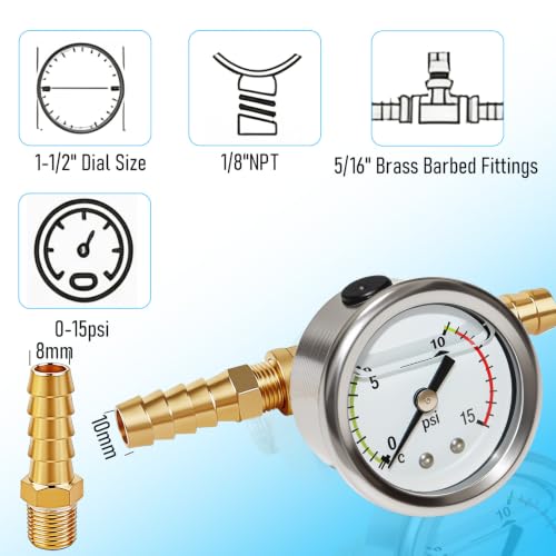 0-15Psi Fuel Pressure Test Kit, Fuel Pressure Gauge Kit, Glycerin Filled Fuel Pressure Regulator with Gauge for Car, 1/8'' NPT Inline Fuel Pressure Gauge with 3/8'' 5/16'' Barb, Back Mount