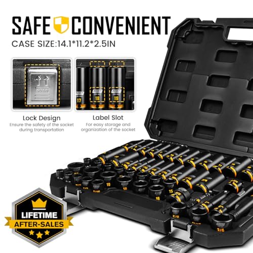 boen 3/8'' Drive Impact Socket Set, 50PCS Standard SAE (5/16 to 3/4 inch) and Metric (8mm-22mm), Deep & Shallow Size, 6-Point with Yellow Embossed Marking, CR-MO