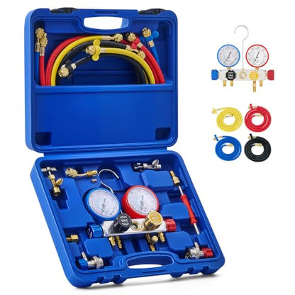 OMT 4 Way AC Diagnostic Manifold Gauge Kit for R134A R410A R22, 5ft Hoses | Includes R134a Couplers Self-Sealing Piercing Can Taps R410a & 29° Adapter ; Solid Brass Build; Ideal for Auto Freon Recharge - size: R134a R22 R410A