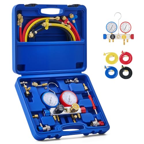 OMT 4 Way AC Diagnostic Manifold Gauge Kit for R134A R410A R22, 5ft Hoses | Includes R134a Couplers Self-Sealing Piercing Can Taps R410a & 29° Adapter ; Solid Brass Build; Ideal for Auto Freon Recharge - size: R134a R22 R410A