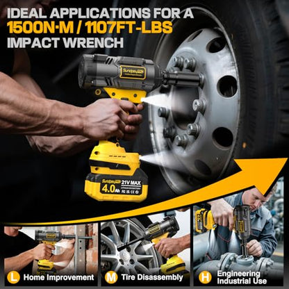 1/2" Cordless Impact Wrench - 1107Ft-lbs（1500N·m）21V 3 Speed High Torque Brushless Impact Gun with 2 x 4.0Ah Batteries & Charger & 6 Sockets & 5" extension bar for Tire Removal Rusted Bolts