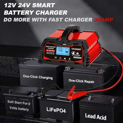 Battery Charger 30A, 12V/24V Lead Acid Smart Battery Charger, 12V LiFePO4 Car Battery Trickle Charger, Automatic Battery Maintainer for Car Motorcycle Lawn Mower Marine Boat Lead Acid Batteries - size: 30A-RED