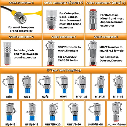 70DC Digital Hydraulic Pressure Test Coupling Kit Hydraulic Pressure Gauge Kit for Excavator Construction Machinery 2 Gauges 2 Test Hoses 18 Couplings 29 Tee Connectors 700BAR/10000PSI/70Mpa - style: 2 Gauges 47 Test Couplings