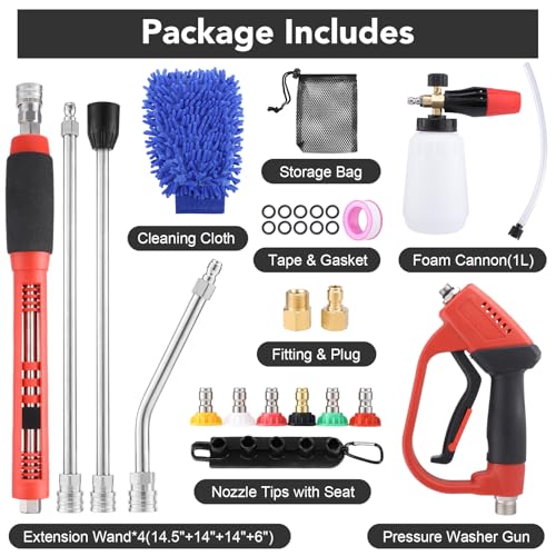 18-Pc Pressure Washer Accessory Kit with Foam Cannon, 5000 Psi | M22 14/15 Mm & 3/8 In Fit, 1/4 In Quick Connect, 6 Nozzle Tips, Brass/Stainless Steel, For Car, Siding, Gutter Cleaning - size: Extension Wands Kit