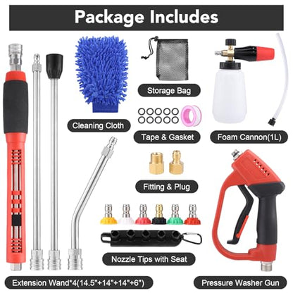18-Pc Pressure Washer Accessory Kit with Foam Cannon, 5000 Psi | M22 14/15 Mm & 3/8 In Fit, 1/4 In Quick Connect, 6 Nozzle Tips, Brass/Stainless Steel, For Car, Siding, Gutter Cleaning - size: Extension Wands Kit