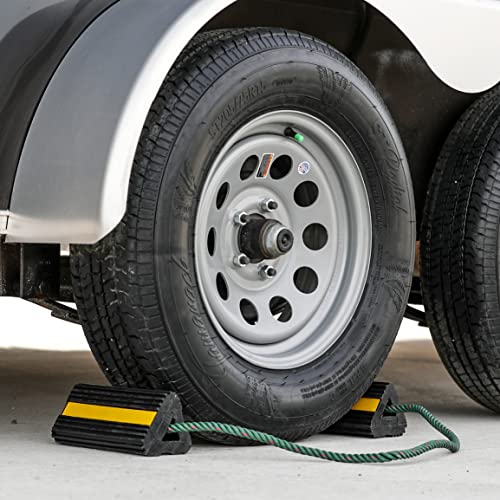 Buyers Products WC24483 Heavy Duty Wheel Chock Set, 4x4x8 Rubber Wheel Chocks with 36 Inch Nylon Rope, Rust & Chemical Proof, Reflective Tape, for Trucks, Utility Vehicles, Ground Support Equipment