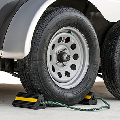 Buyers Products WC24483 Heavy Duty Wheel Chock Set, 4x4x8 Rubber Wheel Chocks with 36 Inch Nylon Rope, Rust & Chemical Proof, Reflective Tape, for Trucks, Utility Vehicles, Ground Support Equipment