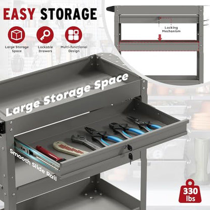 3 Tier Rolling Cart, Heavy Duty Utility Industrial Service Carts on Wheels, Metal Tool Cart with Locked Drawers, Ideal for Garage, Warehouse and Repair Shop (Grey) - color: Gray